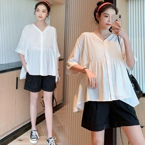 808# Maternity Clothes Summer V Neck Short Sleeve Blouse Top And Shorts Set 2 Pcs Maternity