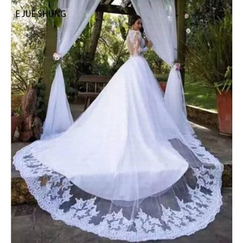 E JUE SHUNG White Lace Appliques Long Train Luxury Wedding Dresses Long Sleeves Beaded Bridal Wedding Gowns