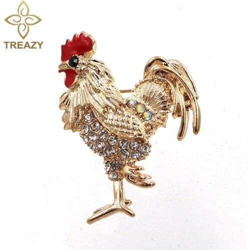TREAZY Lucky Zodiac Animal Rooster Brooch Pin For Women Rhinestone Enamel Animal Brooches Gold Color Crystal Cock Pins Cute Gift