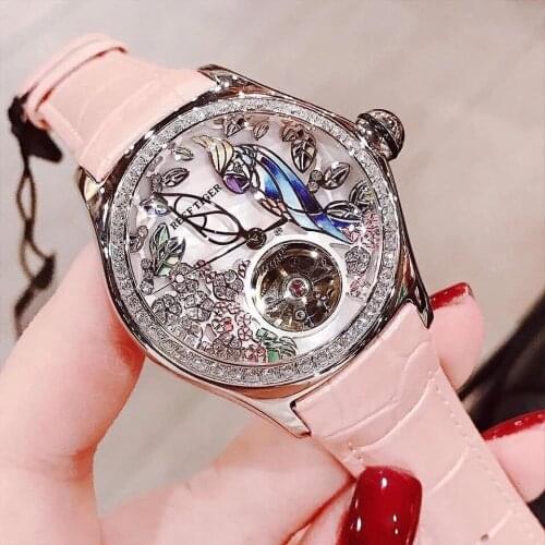 Reef Tiger/RT Brand Waterproof Luxury Women Wristwatch Mechanical Tourbillon Automatic Watches Fashion Diamond fine Ladies watch