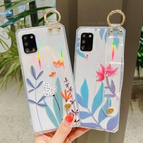 INS Flower Wrist Strap Phone Case for Samsung Galaxy A71 A70 A51 A82 A21S A81 A72 A50 A31 Transparent Wristband TPU Back Cover