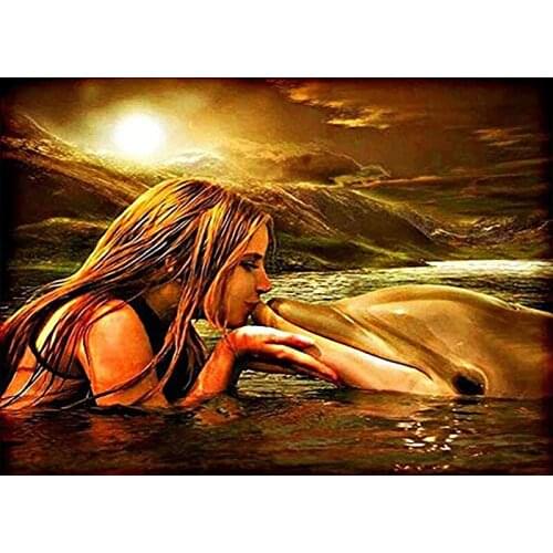 DIY Oil Painting by Girl and dolphin Pictures Gift Kits HandPainted Landscape Decoration Art Drawing Pictures Painting by number