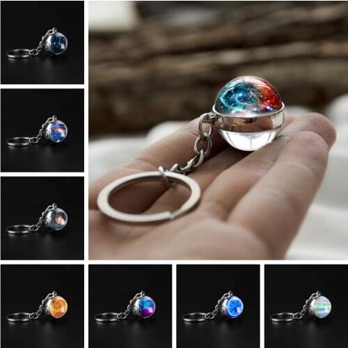 Double Sided Glass Ball Keychain Handmade Galaxy Universe Keychain Planet Pendant Keyring Key Holder Planet Nebula Jewelry Gift