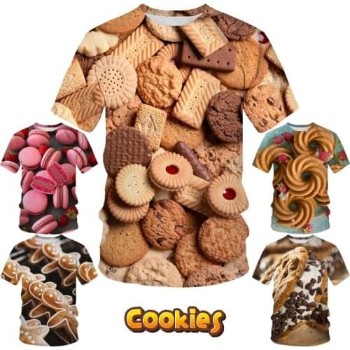 Funny Food T-shirt 3D Printing Mens Cookie Round Neck Short Sleeve Macaron Waffle Casual Cool Tops