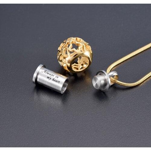 IJD9959 Classic Gold Flower Bead Hold Tube"Always In My Heart"Cremation Jewelry Keepsake Memorial Urn Necklace Pet Ash Holder