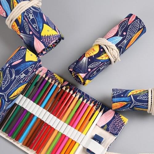 Kawaii Cute Fish Roll School Pencil Case 12/24/36/48/72 Holes Canvas Pencilcase for Girls Boys Large Big Pen Bag Sationery Pouch