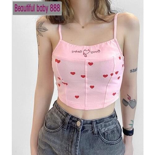 Meqeiss Fashion Pink Cute Love Printing Casual Vest Sexy Belly Button Sleeveless Sling 2021 Spring Autumn New Womens Clothing