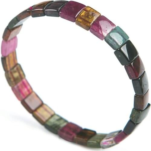 Genuine Natural Crystal Rectangle Beads Colorful Tourmaline Stone Fashion Stretch Bracelet 9*8*4mm