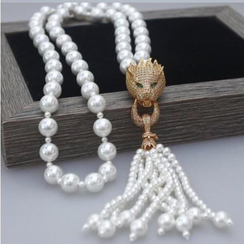10-3mm south sea pearl necklace Leopard panther Head Zircon Natural Shell Pearl Chain Tassels Fashion Jewelry Necklace
