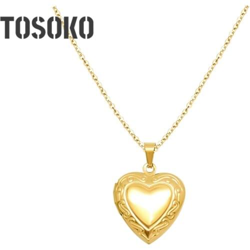 TOSOKO Stainless Steel Jewelry Peach Heart Flip Photo Frame Necklace Womens Sweet Love Can Oopen The Pendant Clavicle Chain 543