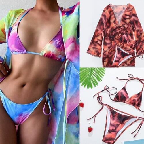 Sexy Tie Dye Print Bikinis Swimwear Womens Swimsuits 2021 Bandage Bikini Set & Mesh Cover Up 3 Pieces Bathing Suit Beachwear