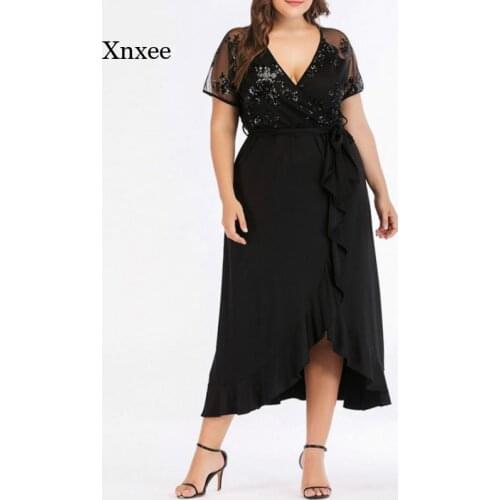 Summer Womens Casual Skirt, Large Size Womens V-Neck Short-Sleeved Sequined Party Dress, Ruffled Irregular Long Dress