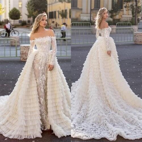 Luxury Mermaid Wedding Dresses With Detachable Train Appliqued Lace Tiered Bridal Gowns Long Sleeves Custom Made Long Wedding Dr