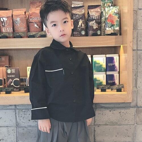 2021New Springtime Shirt Boy Loose Long Sleeve Pure Color Shirts Black White Cotton Blouse Korean Handsome Childrens Clothes