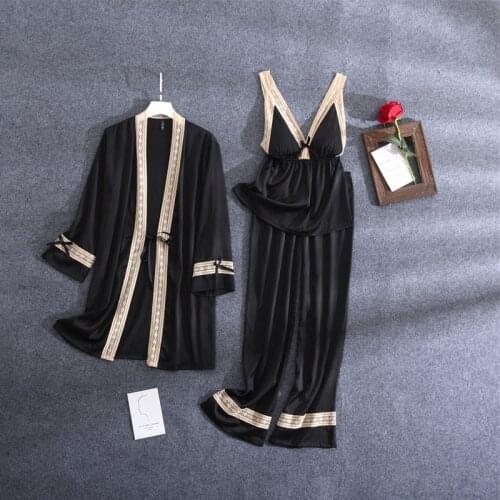 Spring Black Woman Pijama Set 3PCS Sleepwear Sleep Suit Satin Kimono Strap Top&Pants Pijamas With Chest Pads Nightgown