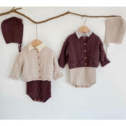 Infant Baby Boys Girls Knit Coat + Braces Rompers + Long Sleeve Shirt Clothing Sets New Autumn Winter Kids Boy Girl Suit Clothes