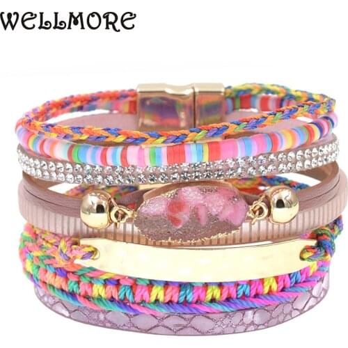 WELLMORE leather bracelets for women bohemia bracelets multilayer wide charm Bracelets & Bangles Female fashion Jewelry