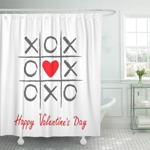 Tic Tac Toe Game Criss Cross and Red Heart Shower Curtain Waterproof Fabric 72 x 78 Inches Set with Hooks
