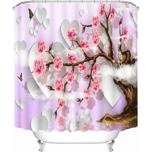 Peach Blossoms Pattern Shower Curtains Rose Flower Butterfly Scenery Bathroom Waterproof Bath Accessories Hanging Cloth Curtain
