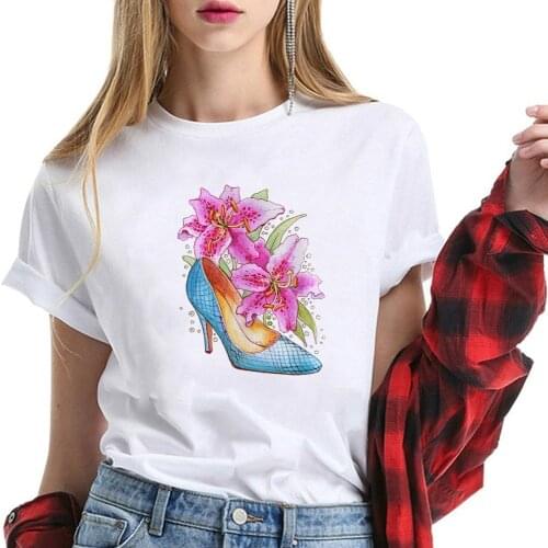 High Heel Flower Print Women T-shirt O-neck Short Sleeve Kawaii Graphic Tee Shirt Femme Woman Summer Loose Tops Clothes