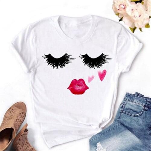 Eye Lashes Red Lips Print Women T Shirt Fashion Casual Short Sleeve O Neck T-shirt Ladies White Tshirt Tops Tees