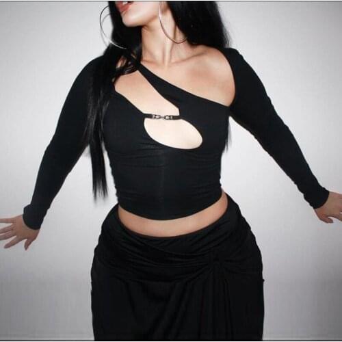 DSMTRC Women Cut Out Tshirt 2021 Long Sleeve Crop Tops Skinny Black Cropped Y2K Aesthetic Streetwear T Shirts Casual Clubwear