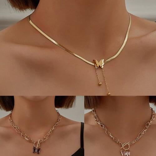 Korean Womens Fashion Butterfly Necklace Charm Stainless Steel Blade Snake Bone Chain Simple and Elegant Pendant Jewelry Gift