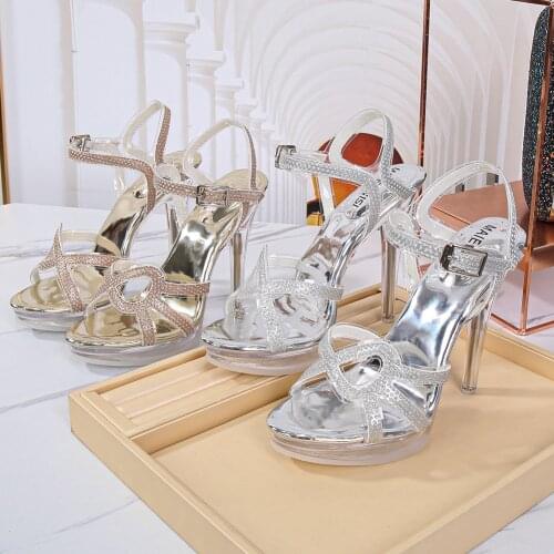 2020 New Arrival Summer Sandals 12cm Clear heel Crystal Girls shining Sandals shoes woman Ankle Strap Platform Sandals