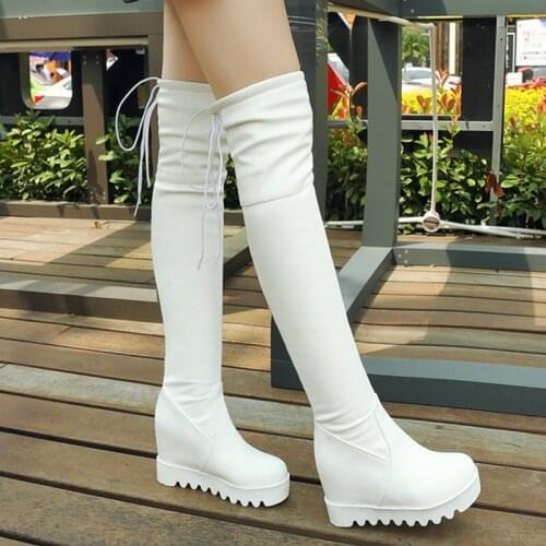 Womens Over The Knee Boots 2021 Leather Fashion Female Long Boots Autumn Winter Round Toe Lady Platform Height Increasing Shoes