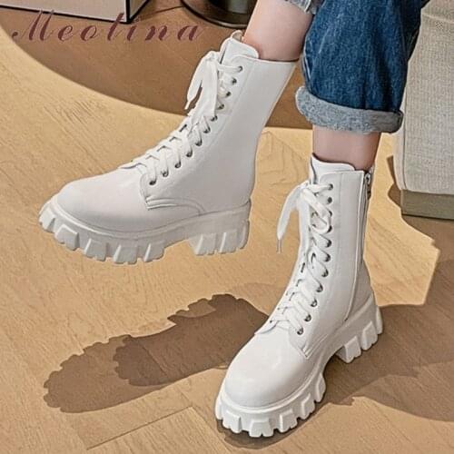 Meotina Genuine Leather Motorcycle Boots Women Platform Thick High Heel Med Calf Boot Zipper Round Toe Shoes 2021 Autumn Winter