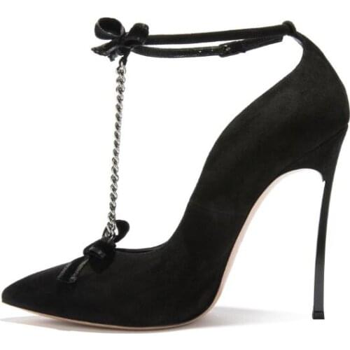Moraima Snc Sexy Chains Decorations Ankle Strap High Heel Shoes Woman Poined Toe Bowknot Thin Heels Pumps Stiletto Heels Black