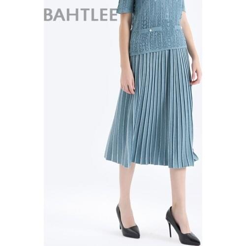 BAHTLEE Knited Skirts Woman Mid Calf Jumper A Line Style Golden Silk Pleated Skirt Waistband