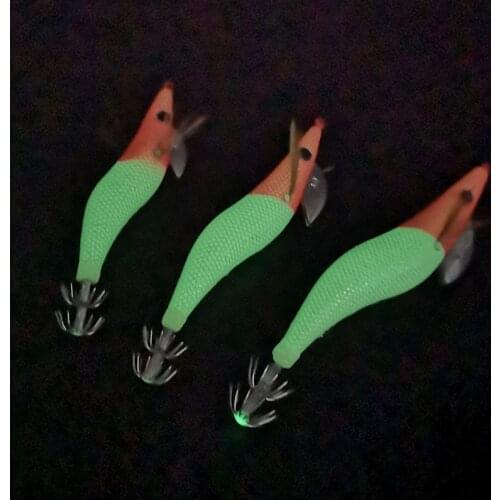 2.5# 3.0# 3.5# Luminous Squid Hooks Fishing Lure Artificial Wood Shrimp Squid Jig Lure Octopus Cuttlefish Shrimp Tackle