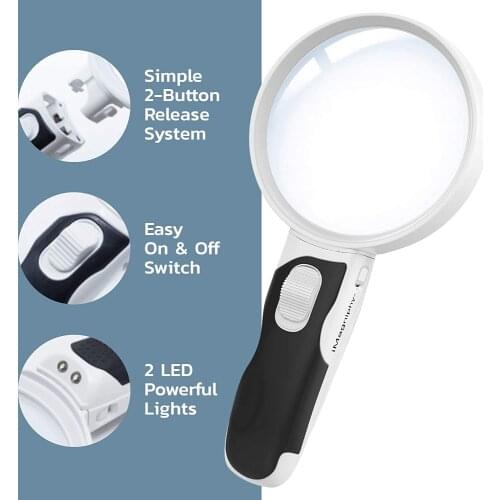 2 Lens & LED Light: 5x & 10x Handheld Magnifying Glasses with Light for Seniors with Macular Degeneration for Reading, Soldering