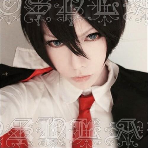 Anime Katekyo Hitman Reborn! Hibari Kyouya Cosplay Wigs Short Black Heat Resistant Synthetic Hair Wig + Wig Cap