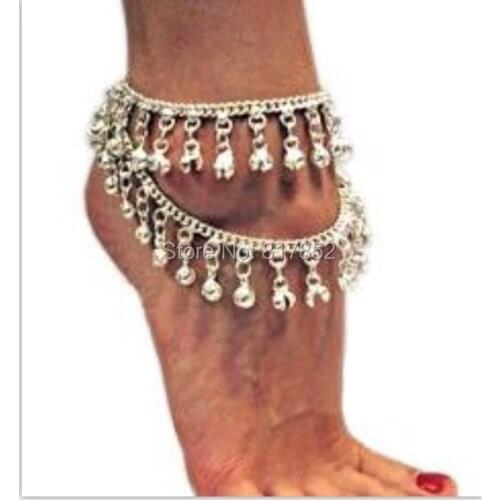 FREE SHIPPING New Style L53 Women Fashion Silver Chain Anklet Chunky Chain Two Layers Silver Bells Ankle Chain Jewelry 2 colors