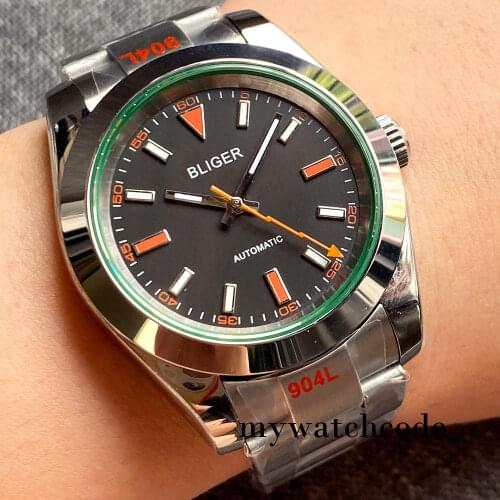 36mm Bliger Black Dial Orange Mark Flat Sapphire Crystal 21Jewels MIYOTA 8215 Automatic mens watch Oyster Bracelet Polished Case