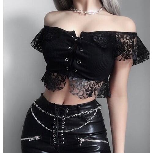Black Vintage Lace Bandage Crop Top Sexy Off Shoulder T-Shirts Summer Women Short Sleeve Casual Tee Shirt Hollow Out Gothic Top