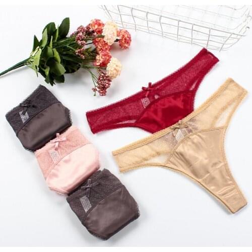 LEVAO Noble Silk Satin Sexy Thong Womens Erotic Underwear Lace Temptation Lingerie Female Seamless T-Back Mid Waist G-String