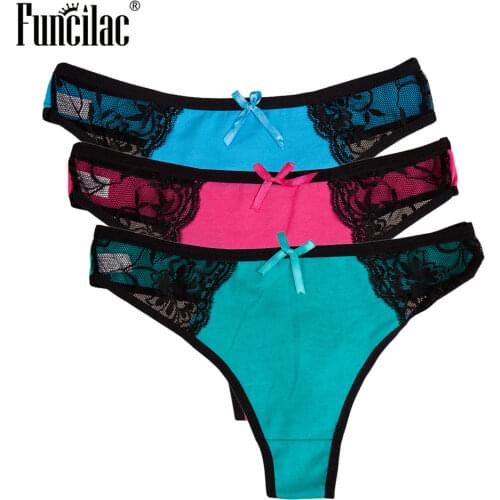 FUNCILAC Underwear Women Sexy Transparent Lace Patchwork G-String Ladies Thongs Girls Briefs Cotton Panties Female lingerie 3pcs