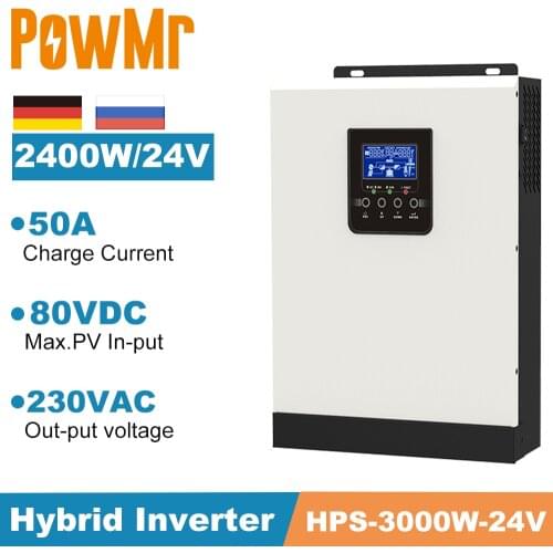 PowMr 3KVA/2400W Pure Sine Wave Hybrid Off Grid Solar Inverter PWM 50A Solar Charger Controller 24V 220V Battery Charge Inverter