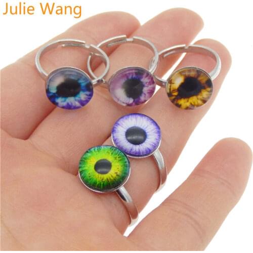 Julie Wang 5PCS Adjustable Ring Glass 12mm Dragon Cat Eye Cabochon Women Girl Party Gifts Fashion Jewelry Randomly Send
