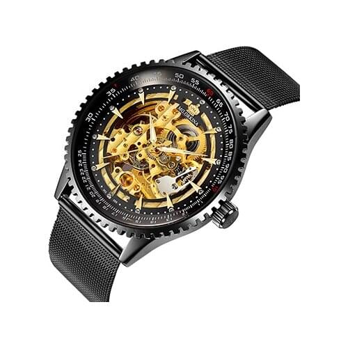 MG. ORKINA MG Men Wristwatches Black Stainless Steel Mesh Band Mens Skeleton Mechanical Watch Automatic Relogio Masculino