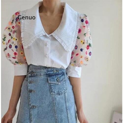 Fashion Embroidery mesh Patchwork Women Blouse Temperament Office Lady Single Breated Puff Sleeve Shirt Casual Summer Tops Blous