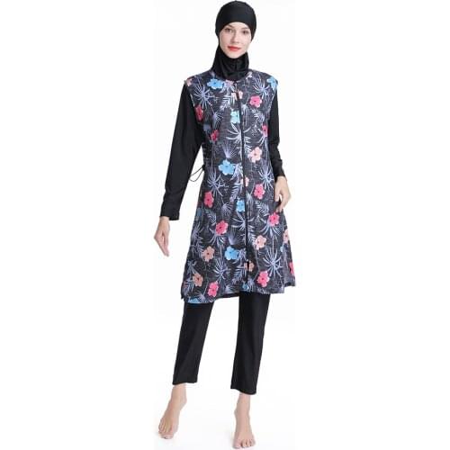 Digital printed Muslim swimwear Southeast Asian Hui conservative waist three-pieces sportswear swimming suit women