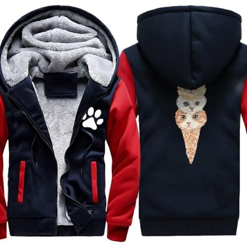 Ice Cream Cat Printing Raglan Thicken Jackets Mens Long Sleeve Dark Blue Mans Coats Leisure Tops Zipper Retro sudadera hombre