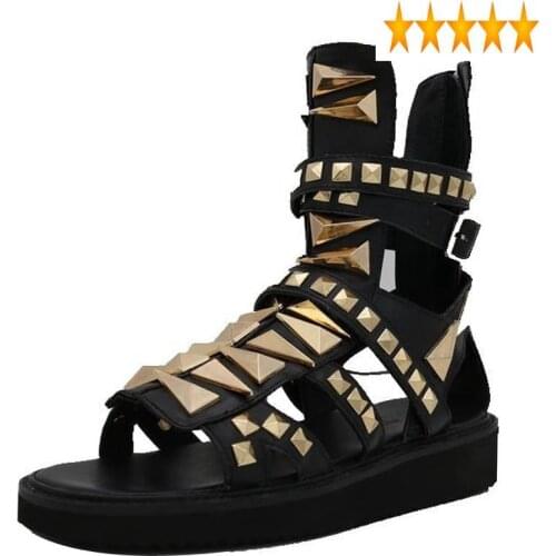 Metal Summer High Top Mens Rivets Gladiator Platform Flats Open Toes Real Leather Hollow Out Runway Shoes Beach Sandals