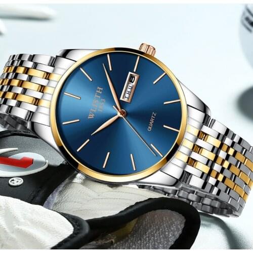 Wlisth Brand Watch Men Luxury Stainless Steel Waterproof Clock Fashion Analog Week Calendar Quartz Business Male Wristwatches