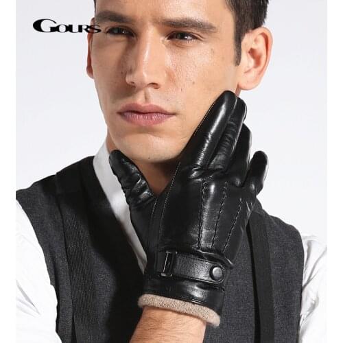GOURS Genuine Leather Winter Gloves for Men Fashion Black Real Goatskin Wool Lining Warm Hand Driving Glove 2019 New Mittens 005