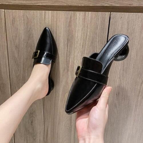 Strange Heels Mules Women Buckle Pointed Toe Slippers Fashion Heels Shoes Slip on Pumps Black Sandals Shallow Slides Ladies